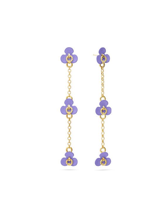 עגילים תלויים ציפוי זהב בשילוב פרחים ואמאייל סגול