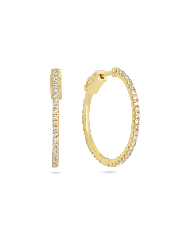 עגילי חישוק ציפוי זהב משובצים אבני זירקוניה שקופות קוטר 2.8 ס"מ