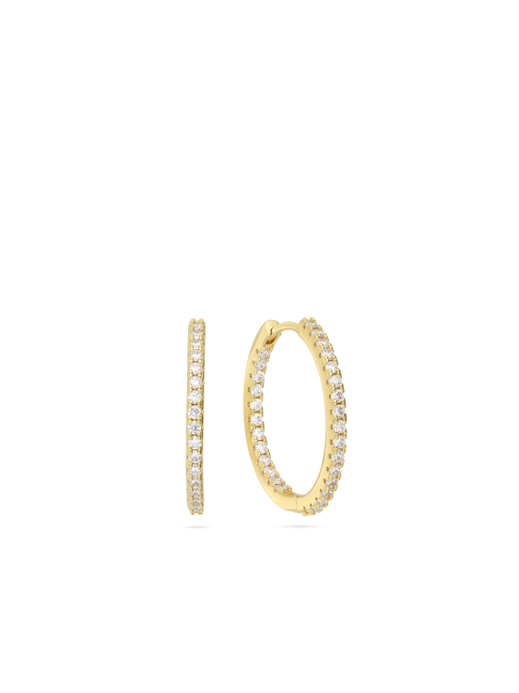 עגילי חישוק ציפוי זהב עם שיבוץ אבני זירקוניה שקופות.קוטר 2.6 ס"מ
