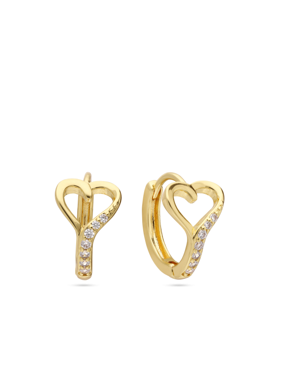 עגילי חישוק ציפוי זהב בשילוב לב וזירקוניה שקוף.קוטר 1.3 ס"מ