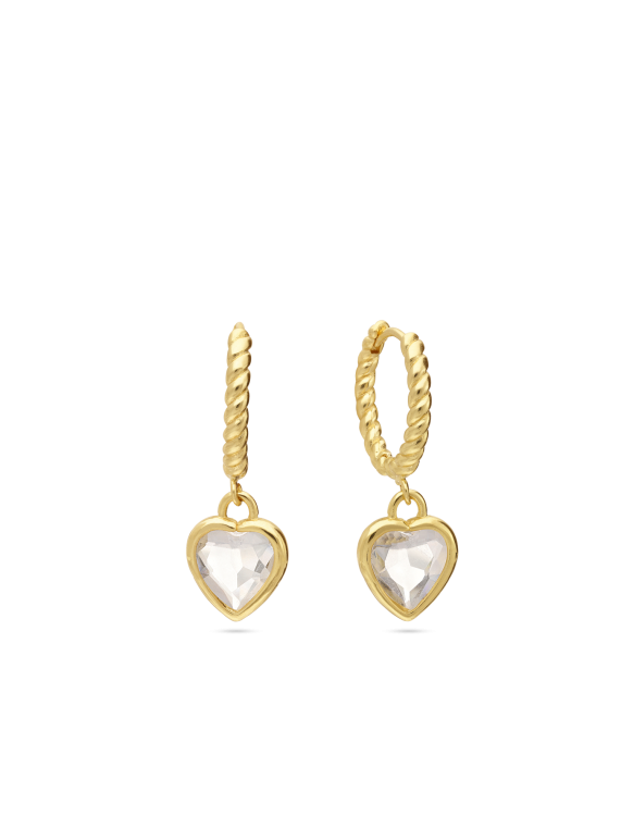 עגילי חישוק ציפוי זהב עם אלמנט לב וזכוכית קריסטל שקוף.קוטר 1.5 ס"מ