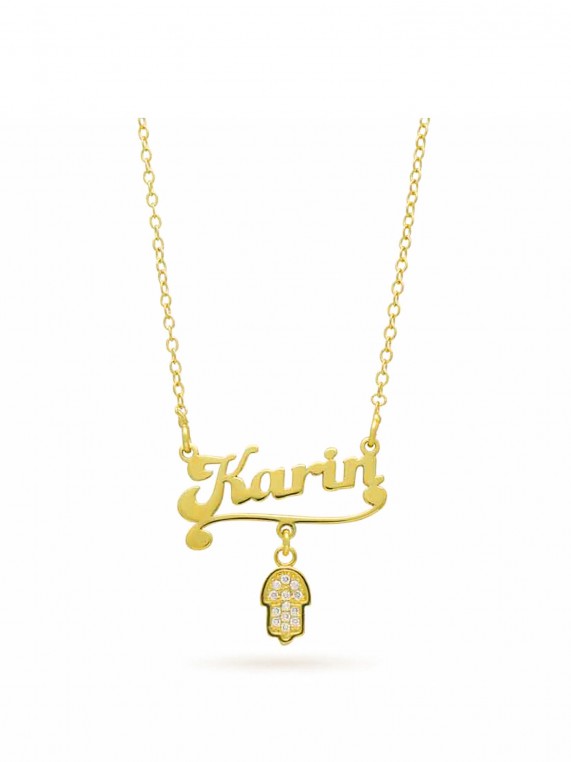 שרשרת שם "karin" ציפוי זהב  תליון חמסה