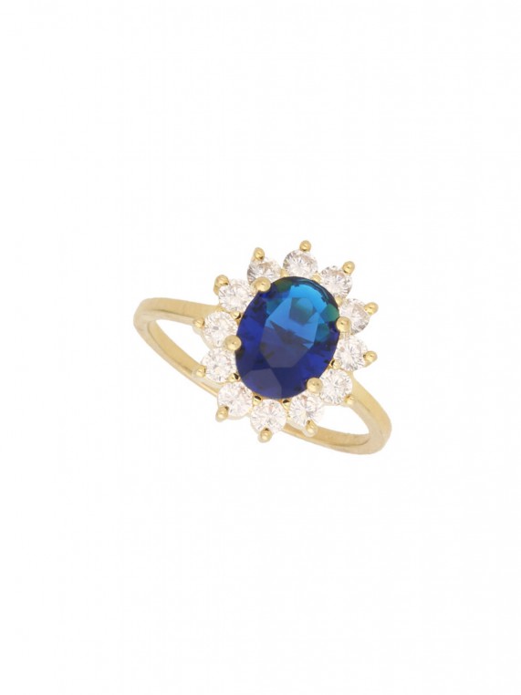 טבעת עדינה ציפוי זהב בשילוב זירקוניה מעובד כחול ושקוף