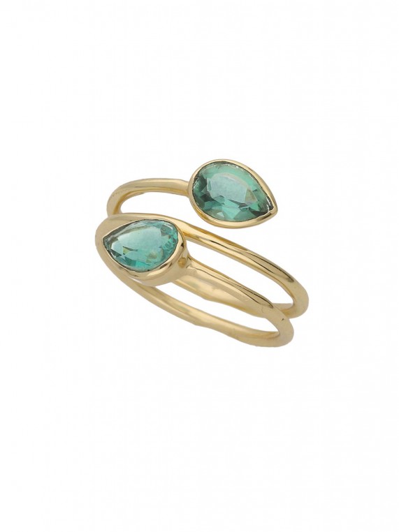 טבעת רחבה ציפוי זהב עם שילוב מרשים של טורמלין מעובד ירוק
