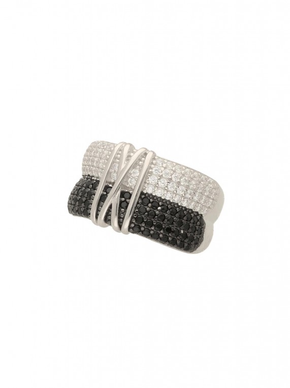 טבעת רחבה כסף 925 בציפוי רודיום בשילוב מחמיא של זירקוניה מעובד שחור ושקוף