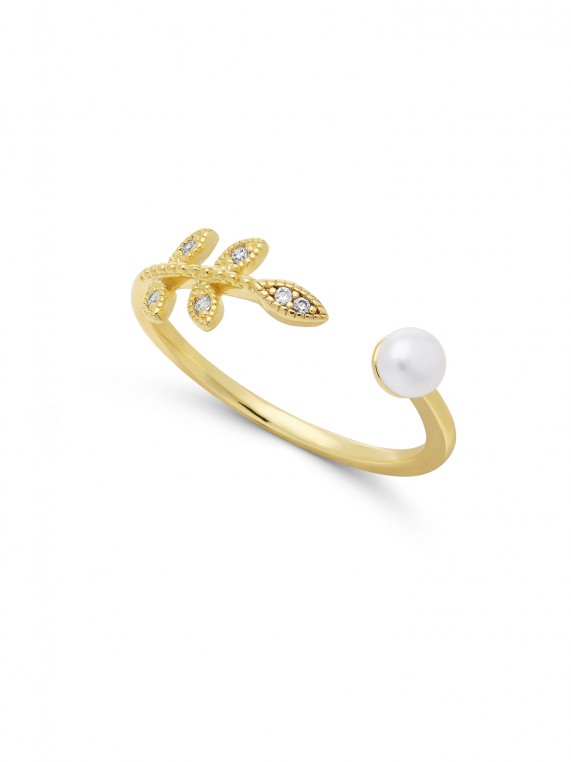 טבעת ציפוי זהב משובצת אבני זירקוניה שקופות ושילוב פנינה מתורבתת