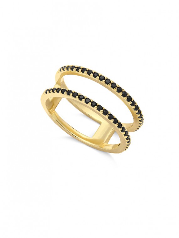 טבעת רחבה ציפוי זהב משובצת אבני זירקוניה שחורות