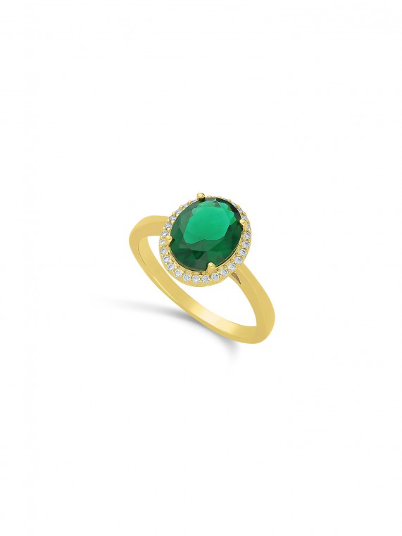 טבעת עדינה ציפוי זהב עם תוספת של זירקוניה מעובד ירוק ושקוף