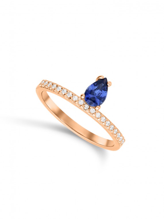 טבעת זהב אדום 14K בשיבוץ אבן זירקוניה כחולה