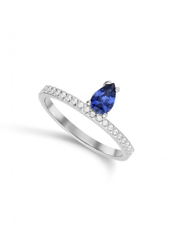 טבעת זהב לבן 14K בשיבוץ אבן זירקוניה כחולה