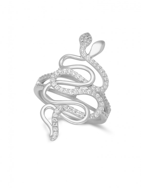 טבעת רחבה כסף 925 בצורת נחש משובצת אבני זירקוניה שקופות