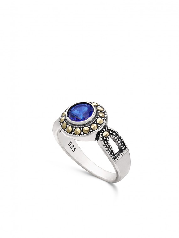 טבעת עדינה כסף 925 משובצת מרקיזה אפור וזירקוניה כחול