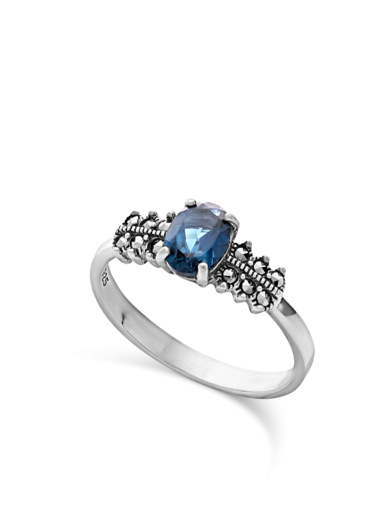 טבעת כסף 925 משובצת אבן זירקוניה כחולה ומרקיזה אפור