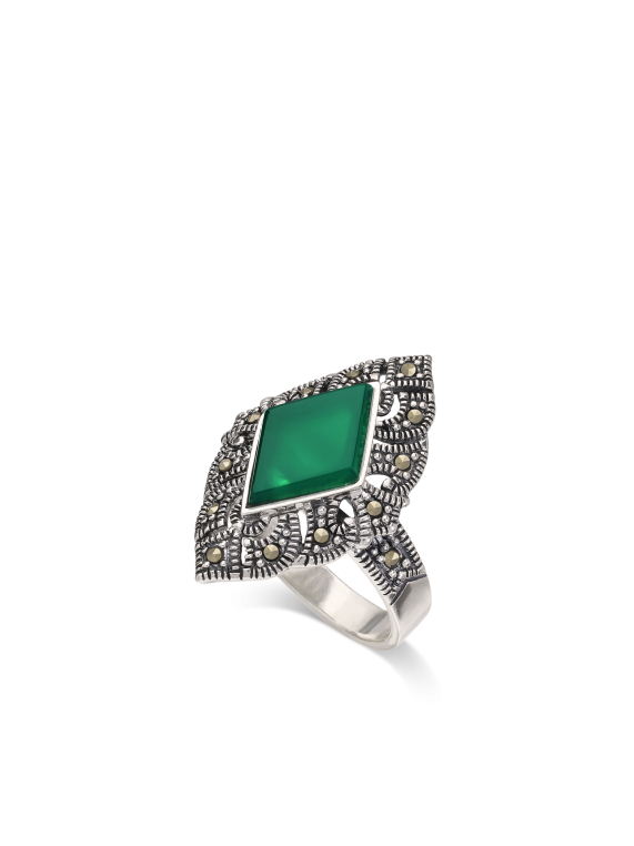 טבעת רחבה כסף 925 משובצת אבן אגת ירוקה ומרקיזה אפור