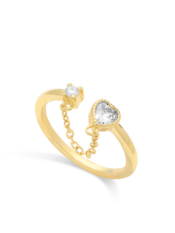 טבעת פתוחה ציפוי זהב בשילוב לב משובצת אבני זירקוניה שקופות