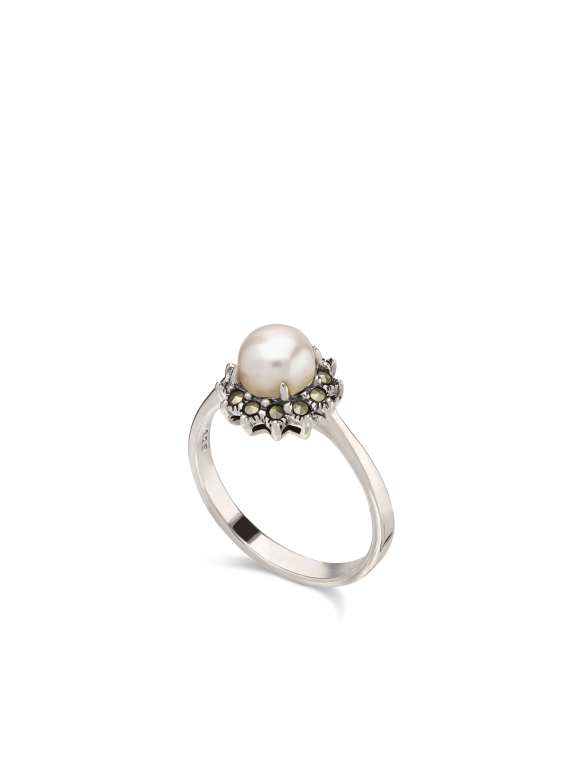 טבעת עדינה כסף 925 בצורת פרח עם פנינה מתורבתת ומרקיזה אפור