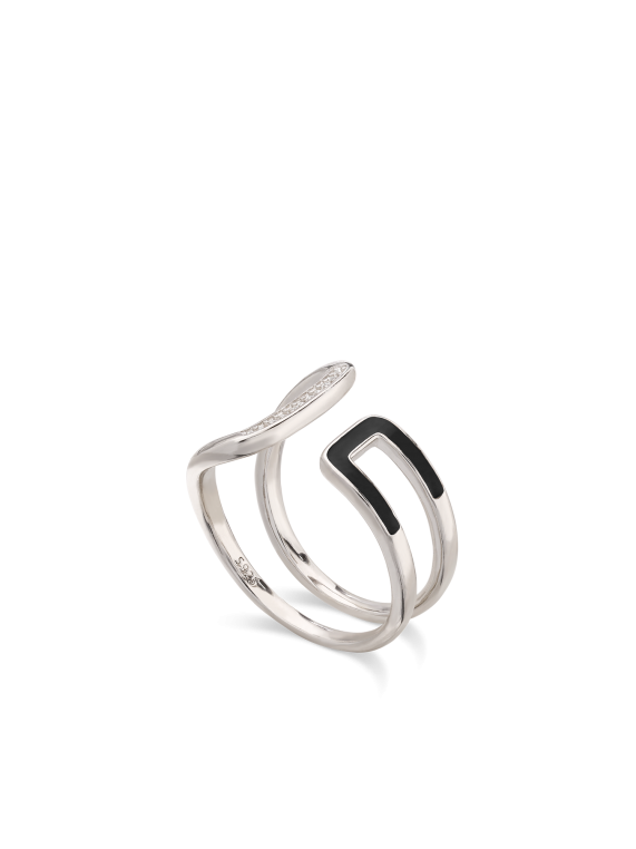 טבעת פתוחה כסף 925 בשילוב אמאייל שחור וזירקוניה שקוף