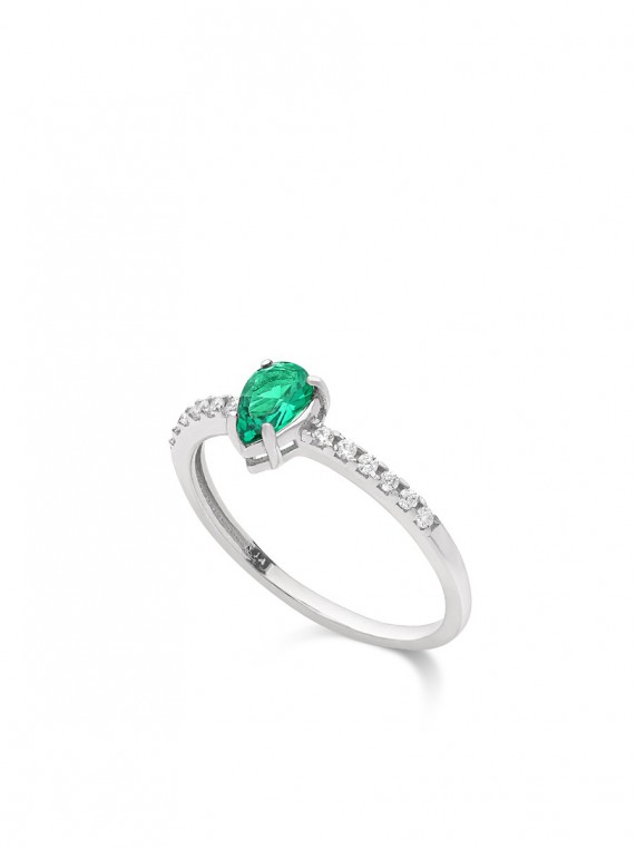 טבעת זהב לבן 14K משובצת אבן זירקוניה ירוקה 